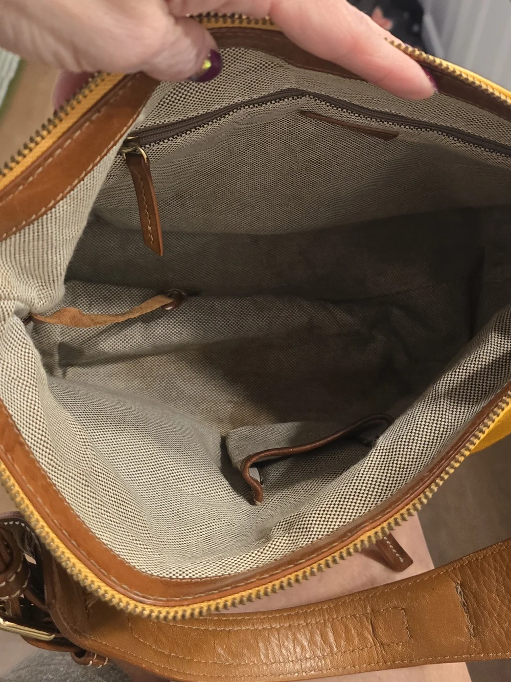 Dooney & Bourke Yellow Pebbled Leather Shoulder Bag with Brown Trim